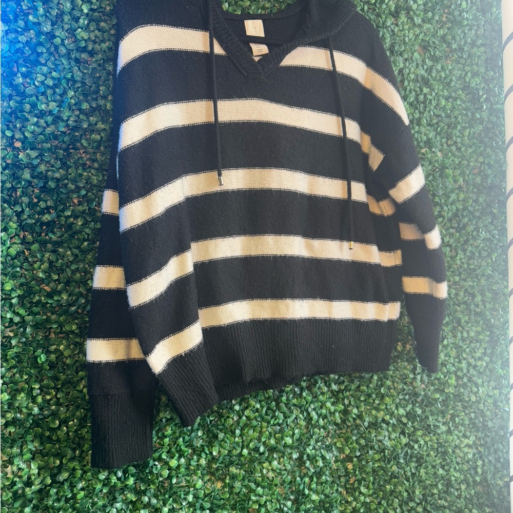 Joie Black and Cream Striped V-Neck Sweater with a Hood